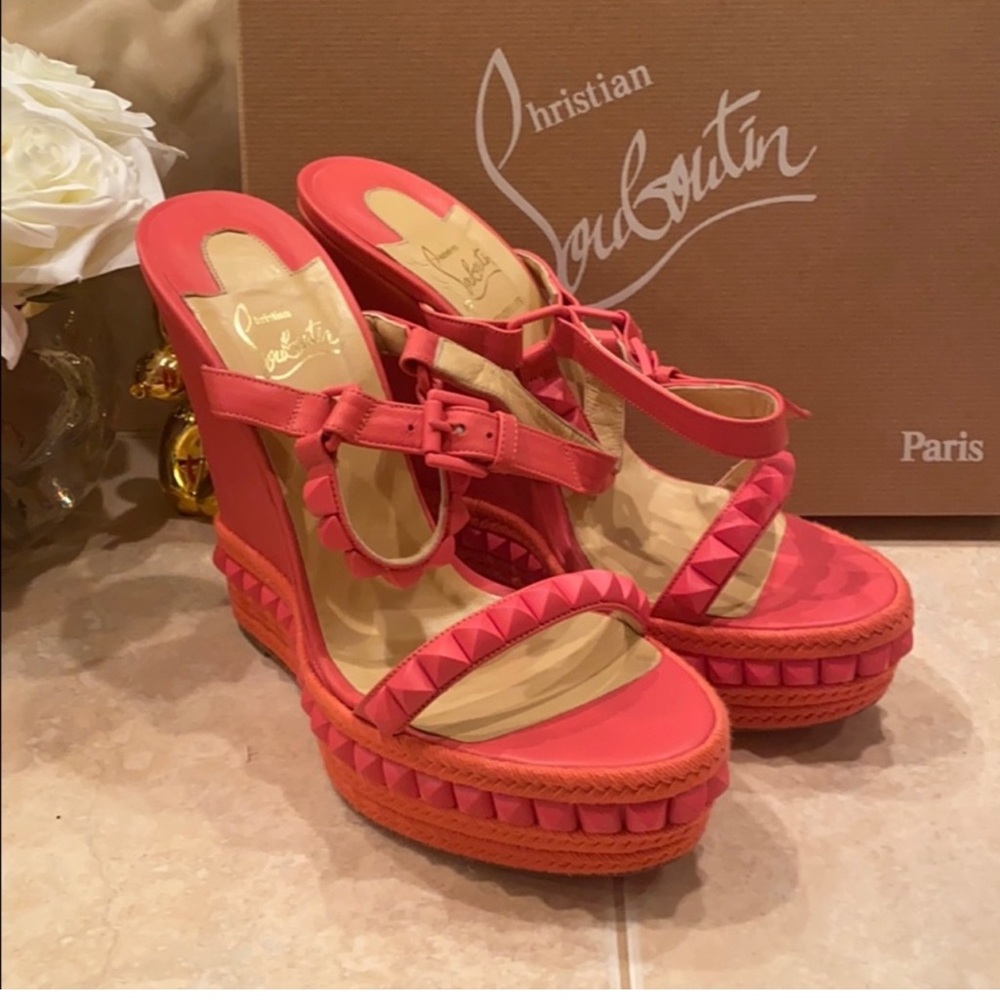 Christian Louboutin Pink and Orange Studded Espadrille Wedge Sandals